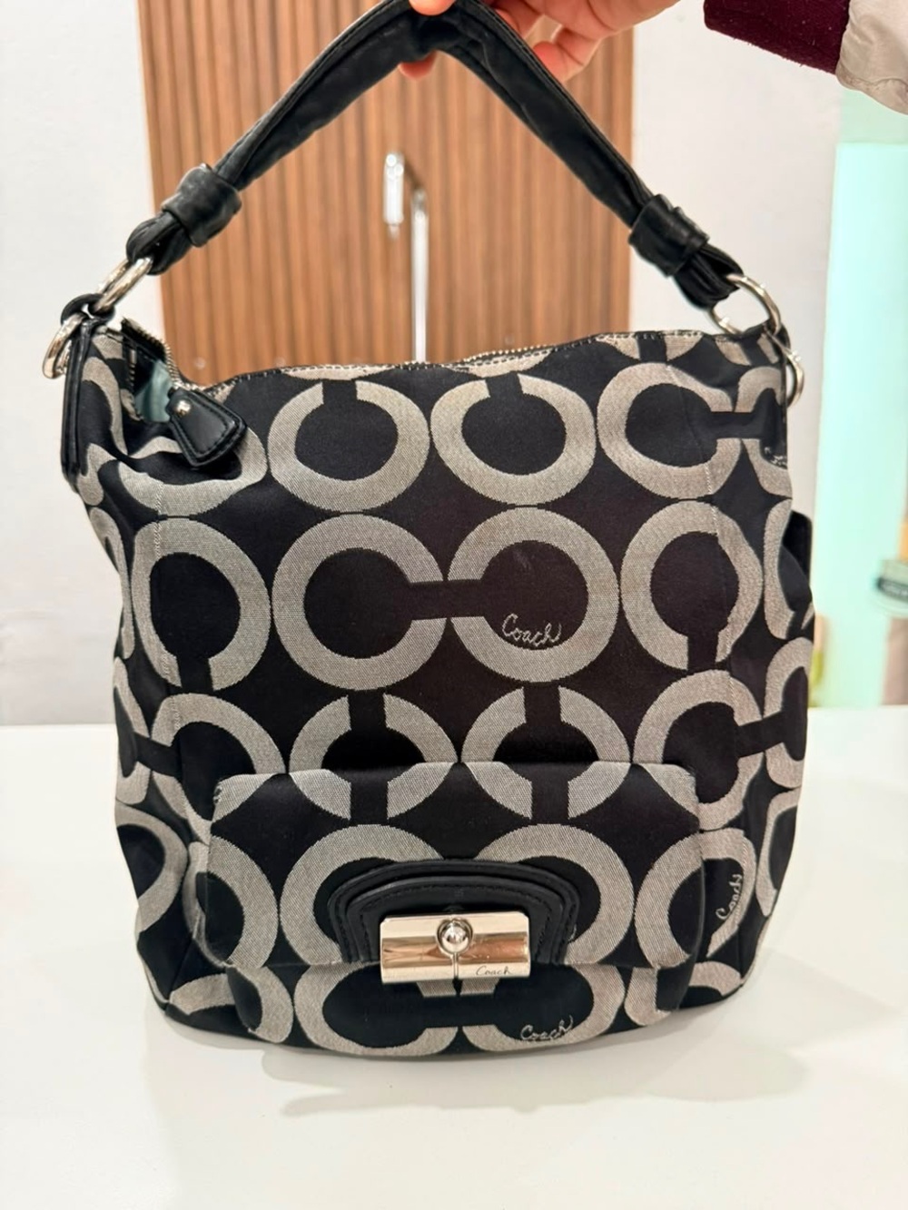 Coach Kristin Sateen Op Art Hobo Bag Black Gray Large Handbag Purse Bag #14753
